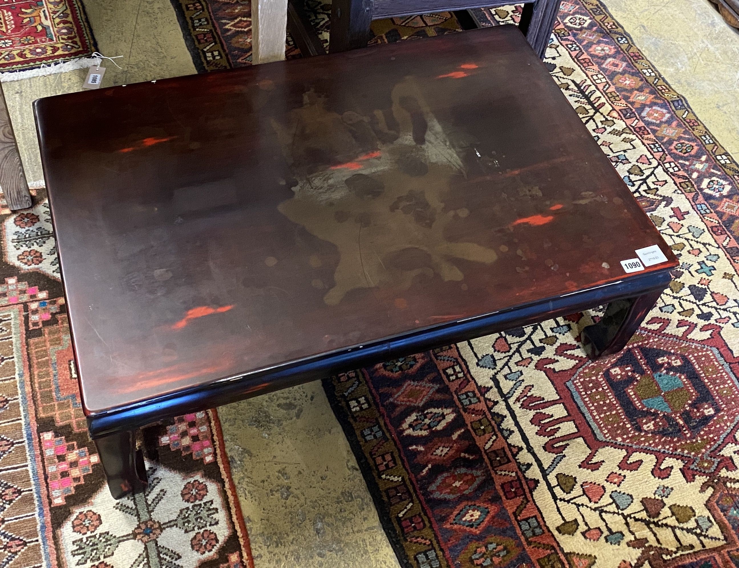 A modern Chinese rectangular low lacquered coffee / occasional table, length 90cm, depth 60cm, height 30cm